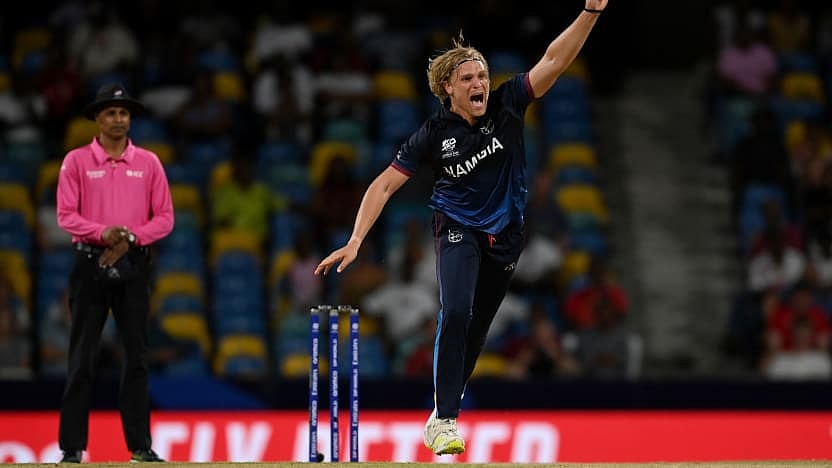 Ruben Trumpelmann celebrates a wicket during the Namibia vs Oman, T20 World Cup 2024 match in Barbados.  - ICC