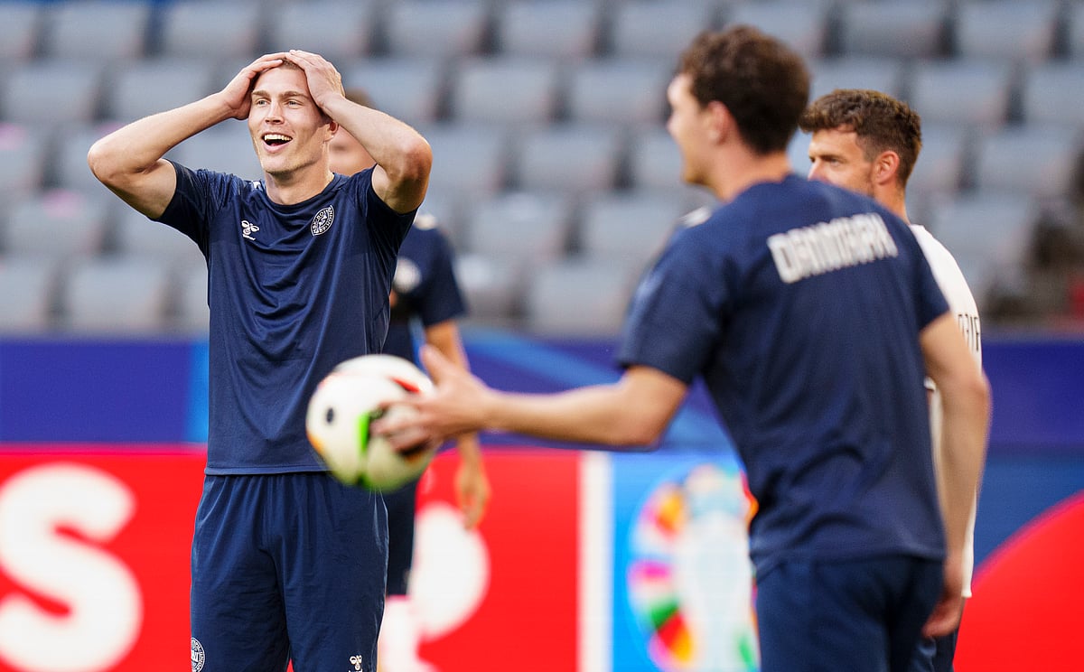 (Liselotte Sabroe/Ritzau Scanpix via AP) : Denmark's Rasmus Nissen Kristensen attends a training session at Allianz Arena in Munich, Germany, Monday June 24, 2024, ahead of their Group C soccer match against Serbia at the Euro 2024 soccer tournament on Tuesday. 
