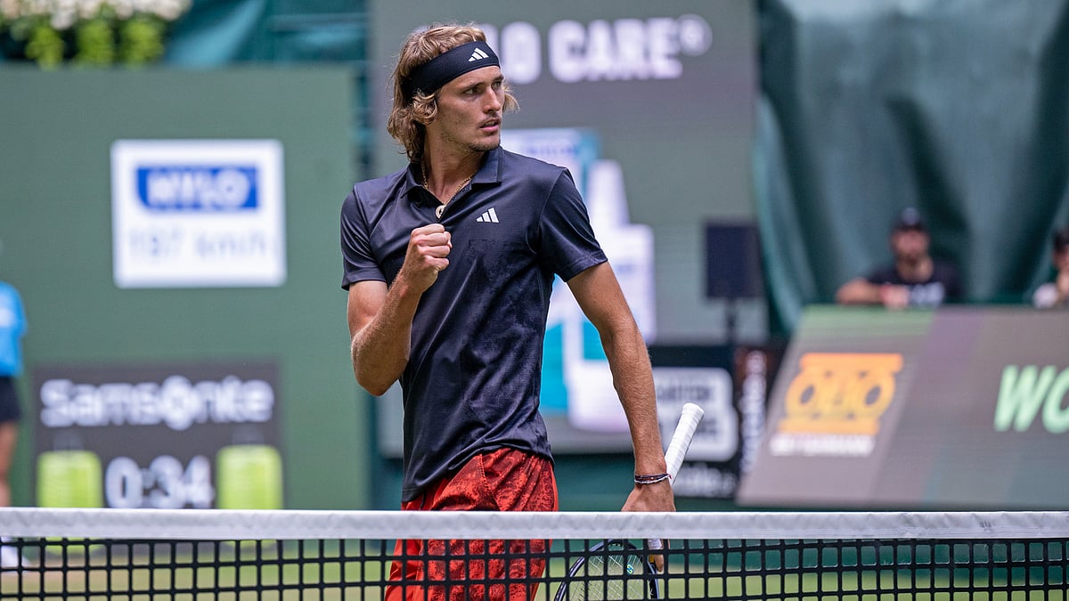 Alexander Zverev celebrates at the Halle Open on Tuesday.