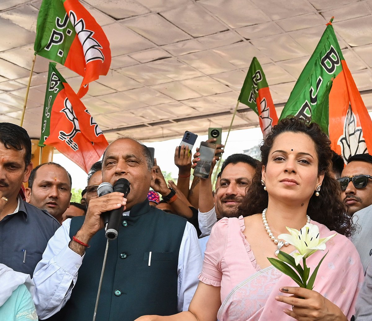 - PTI : Mandi: BJP leader Jairam Thakur with party candidate Kangana Ranaut during celebrations as the latter was leading amid counting of votes for Lok Sabha elections on June 4, 2024 in Mandi