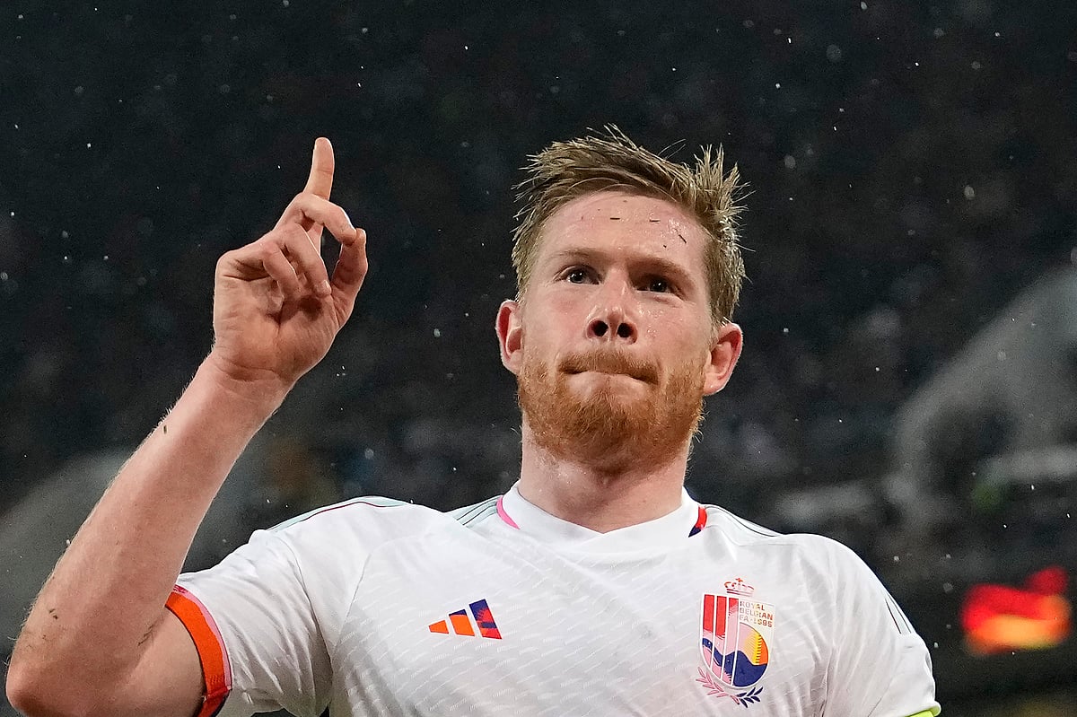 FILE - Belgium's Kevin De Bruyne celebrates after scoring his side's third goal during the international friendly soccer match between Germany and Belgium in Cologne, Germany, Tuesday March 28, 2023. -  (AP Photo/Martin Meissner, File)
