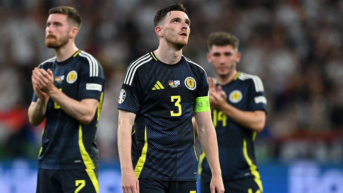Andy Robertson looks dejected after Scotland's 5-1 defeat to Germany.