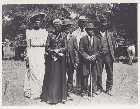 Photograph of Emancipation Day celebration, June 19, 1900 held in “East Woods” on East 24th Street in Austin.