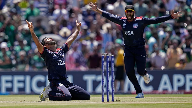 United States' Saurabh Nethralvakar, left, celebrates after their win in the ICC Men's T20 World Cup cricket match against Pakistan at the Grand Prairie Stadium in Texas. - Photo: AP/PTI