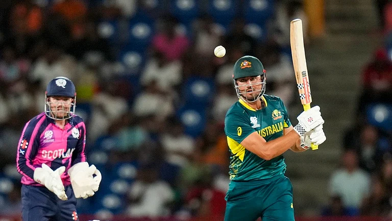 Marcus Stoinis bats during the Australia vs Scotland, ICC T20 World Cup 2024 match in St Lucia. - AP/Ramon Espinosa