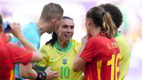 Brazil's Marta was sent off for a high tackle against Spain