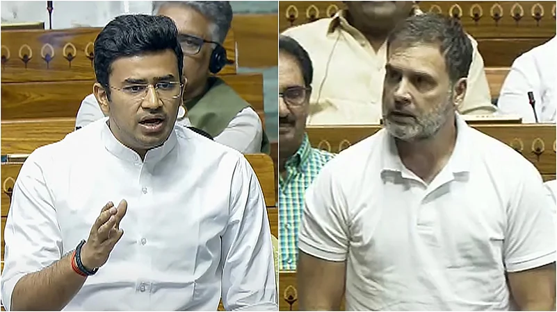 L: BJP MP Tejasvi Surya in LS | R: LoP Rahul Gandhi |