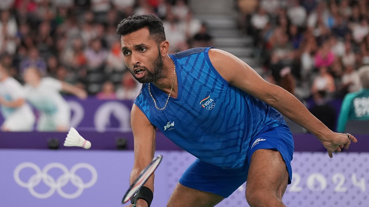 India's H.S. Prannoy plays against Germany's Fabian Roth during their men's singles badminton group stage match at Port de la Chapelle Arena during the 2024 Summer Olympics. - AP Photo/Dita Alangkara