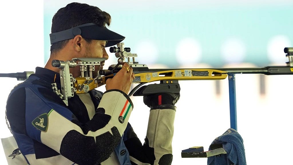 AP/Manish Swarup : India's Swapnil Kusale competes in the 50m rifle 3 positions men's final round at the 2024 Summer Olympics in Chateauroux, France