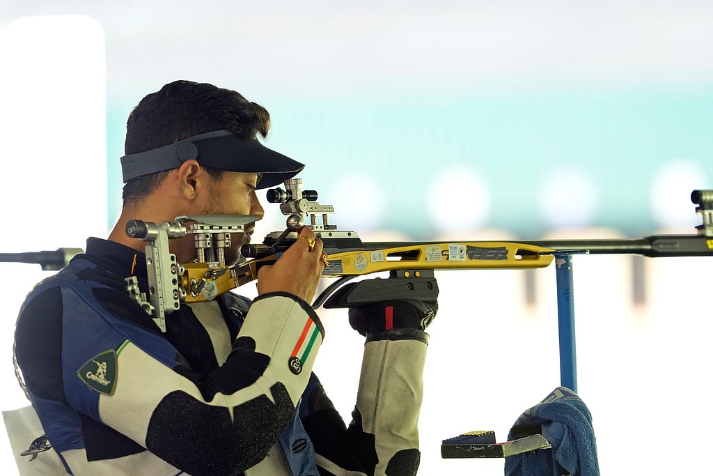 AP/Manish Swarup : India's Swapnil Kusale competes in the 50m rifle 3 positions men's qualification round at the 2024 Summer Olympics, Wednesday, July 31, 2024, in Chateauroux, France