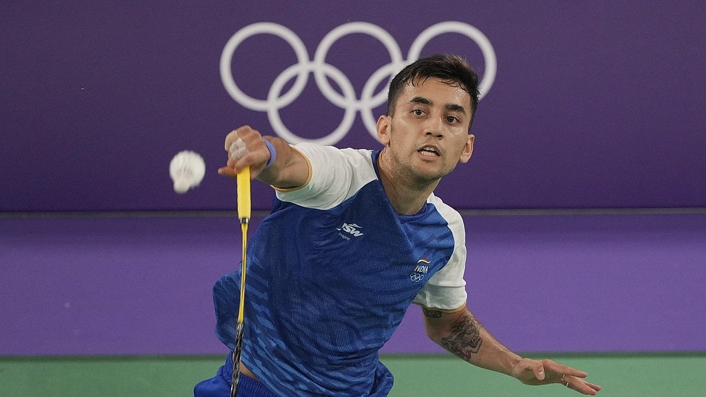 Photo: AP : Lakshya Sen in action during his group L match against Jonatan Christie at Paris Olympic Games 2024 on Wednesday (July 31).