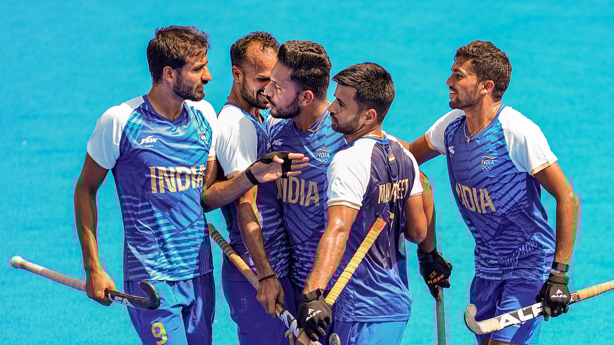 PTI Photo/Ravi Choudhary : India's captain Harmanpreet Singh celebrates with teammates after scoring a goal during the Pool B hockey match between India and Ireland at the 2024 Summer Olympics, in Paris.