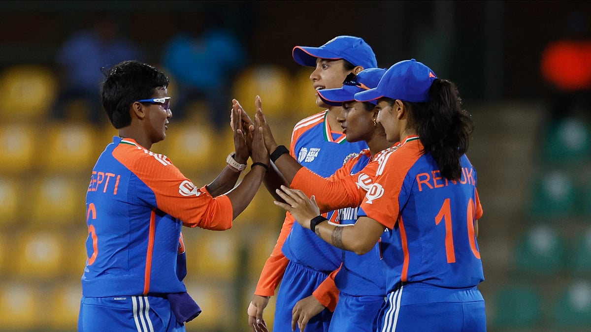 Photo: X/ @BCCIWomen : Indian spinner Deepti Sharma celebrating with her teammates after taking a wicket against Pakistan in the Women's Asia Cup 2024.