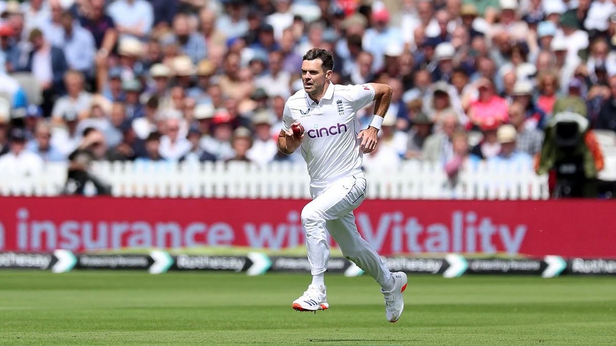 England's James Anderson on day one of the first Rothesay Men's Test match at Lord's Cricket Ground, London. - Steven Paston/PA via AP