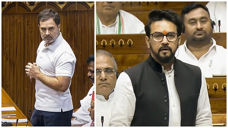 L: Congress leader and MP Rahul Gandhi | R: BJP leader and MP Anurag Thakur - null