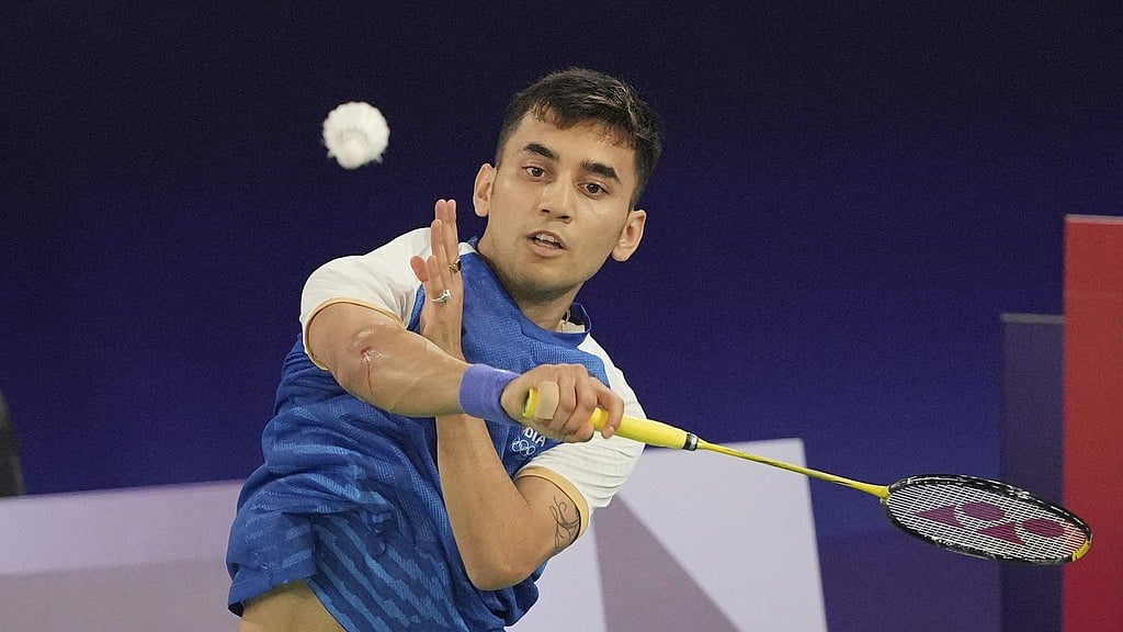 Photo: AP : Lakshya Sen in action during his Group L match against Julien Carraggi at Paris Olympic Games 2024 on Monday (July 29).