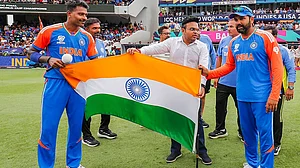 | Photo: PTI : Rohit Sharma, Hardik Pandya with Jay Shah