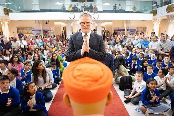 (Photo by Stefan Rousseau/PA Images via Getty Images) : Labour Party leader Sir Keir Starmer during a visit to the Shree Swaminarayan Mandir Hindu temple in Kingsbury, London, while on the General Election campaign trail. Picture date: Friday June 28, 2024. 