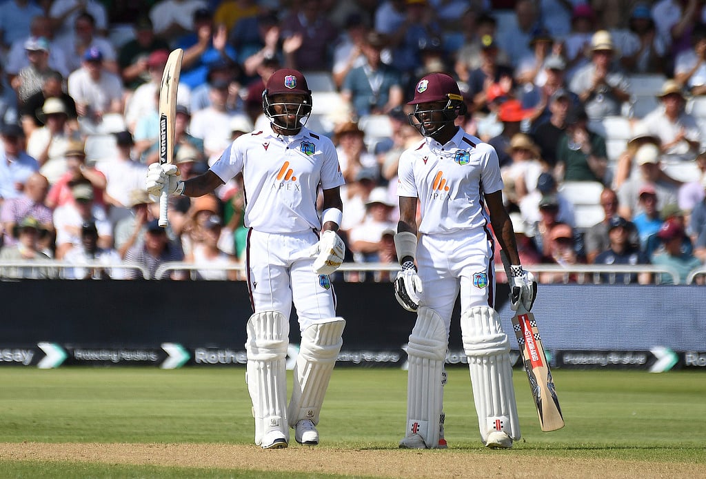 AP/Rui Vieira : West Indies Kavem Hodge, left, celebrates half century alongside West Indies Alick Athanaze, right, during day two of the second Test between England and West Indies at Trent Bridge cricket ground, Nottingham, England, Friday, July 19, 2024.
