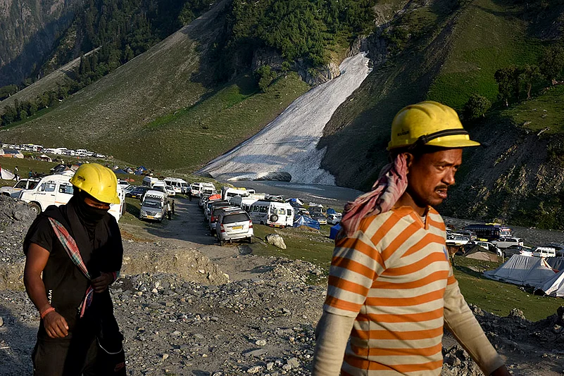 Vehicles of Amarnath pilgrims are parked near the Baltal