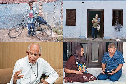 Talking of Faith (Clockwise from top right) Tarseem Peter, head of the Khet-Mazdoor organisation; Pastor Surinder Masih of village Balanda with a follower; Bishop Agnelo Rufino Gracias; Sadik Masih, who converted from Hinduism to Christianity
