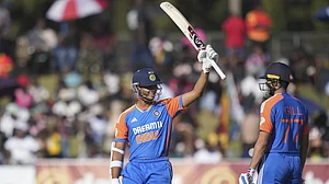 AP : Yashasvi Jaiswal celebrates his half-century as opening partner Shubman Gill looks on, during the fourth India vs Zimbabwe T20I in Harare on Saturday (July 13, 2024).