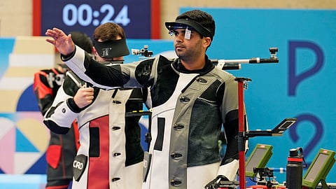 India's Arjun Babuta gestures after finishing fourth in the 10m air rifle men's final at the 2024 Summer Olympics, Monday, July 29, 2024, in Chateauroux, France.