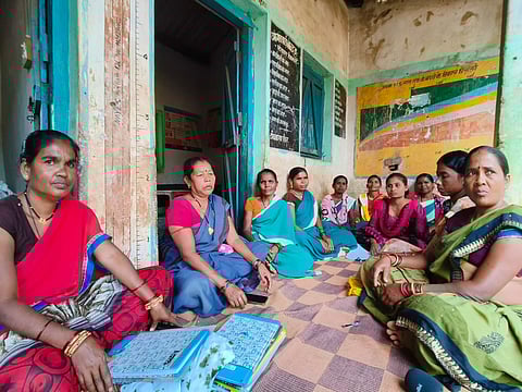 Sukara Sinha sits with her fellow anganwadi workers at a PHC in Dantewada, Bastar on November 8 2023
