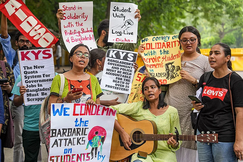Student activists protest to condemn attacks on students in Bangladesh, in Delhi