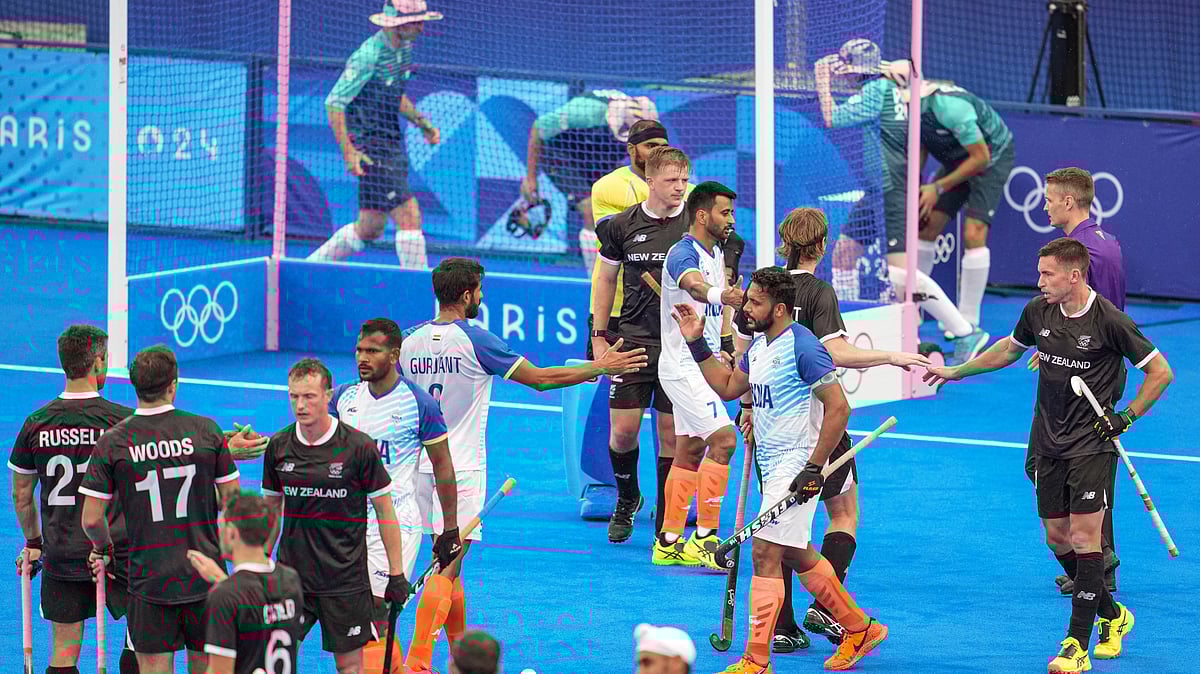 PTI Photo/Ravi Choudhary : Indian players celebrate after winning the Pool B hockey match over New Zealand, at the Summer Olympics 2024, in Paris.