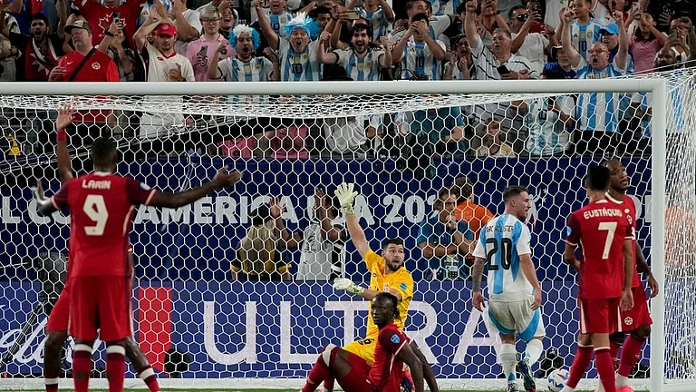 Lionel Messi scores his first goal of Copa America 2024 during Argentina vs Canada semifinal - AP/Pamela Smith