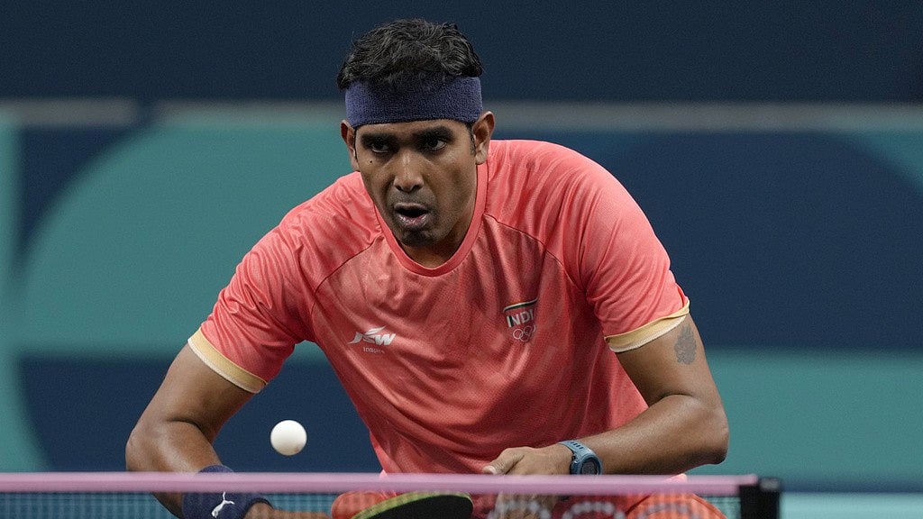 AP : Achanta Sharath Kamal in action during his first-round loss at Paris Olympic Games 2024.