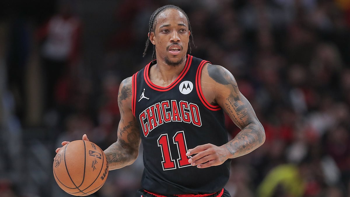 DeMar DeRozan #11 of the Chicago Bulls brings the ball up court during the second half of the 2024 Play-In Tournament against the Atlanta Hawks at the United Center on April 17, 2024 in Chicago, Illinois.