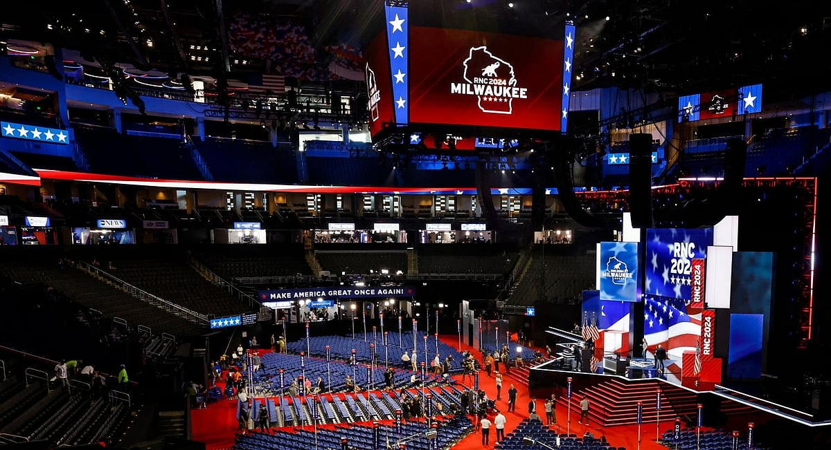 The stage is prepared at the Fiserv Forum ahead of the Republican National Convention (RNC) in Milwaukee. - Getty images