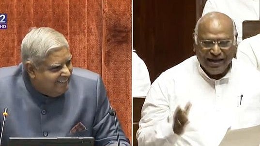 Congress President Mallikarjun Kharge (R) and Rajya Sabha Chairman Jagdeep Dhankhar (L) | - ANI Screengrab
