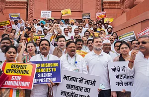 - PTI : Leader of Opposition in the Lok Sabha Rahul Gandhi with other MPs of INDIA bloc stages a protest against the alleged misuse of probe agencies by the central government, during ongoing Parliament session, in New Delhi, Monday, July 1, 2024.