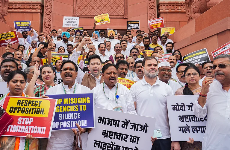 Leader of Opposition in the Lok Sabha Rahul Gandhi with other MPs of INDIA bloc stages a protest against the alleged misuse of probe agencies by the central government, during ongoing Parliament session, in New Delhi, Monday, July 1, 2024.  - - PTI