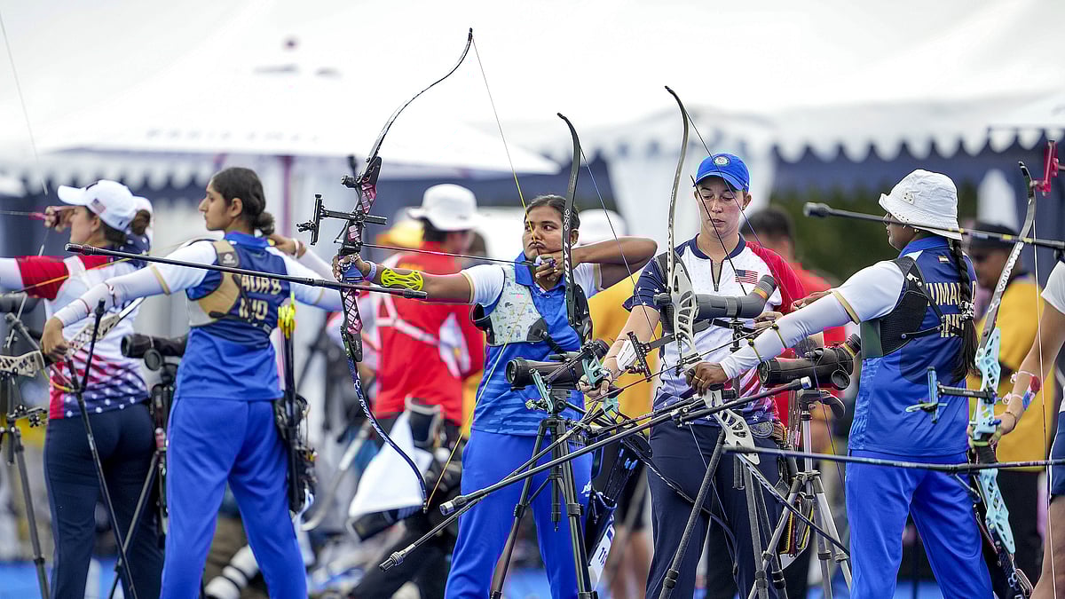 India's women recurve archers (from left) Bhajan Kaur, Ankita Bhakat and Deepika Kumari in action during the women's individual archery ranking round at Paris Olympic Games 2024 on Thursday (July 25).  - PTI