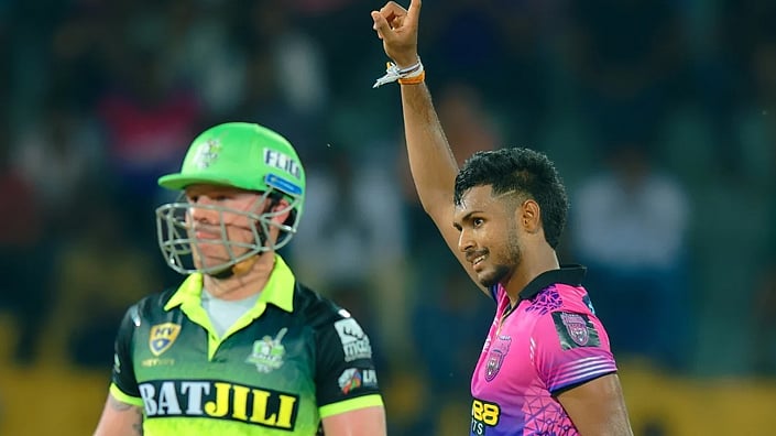 Special Arrangement : Matheesha Pathirana (right) celebrates a wicket in the Lanka Premier League 2024 fixture.