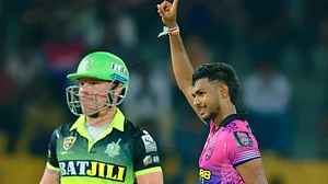 Special Arrangement : Matheesha Pathirana (right) celebrates a wicket in the Lanka Premier League 2024 fixture.