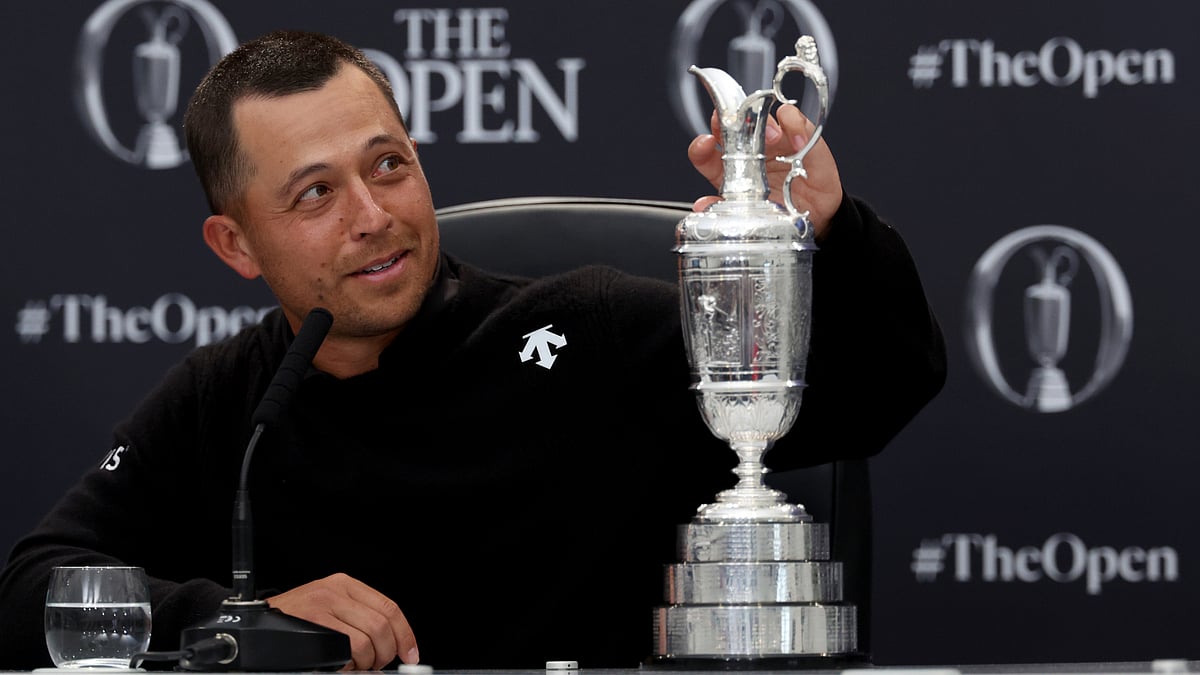 Xander Schauffele with the Claret Jug in his post-tournament press conference