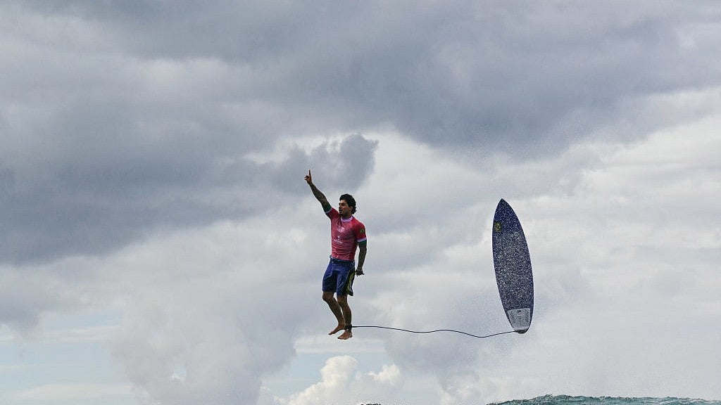 Photo by JEROME BROUILLET/AFP via Getty Images : Gabriel Medina surfer at the Paris Olympics 2024.