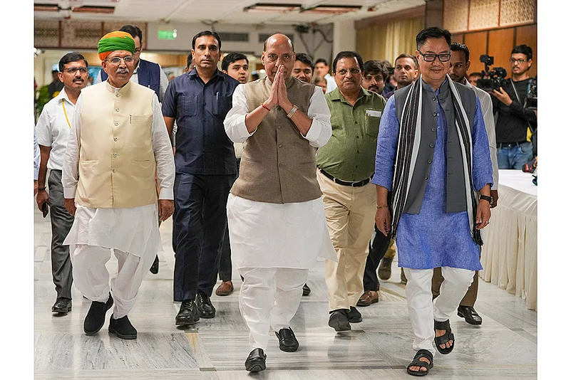 Rajnath Singh and Kiren Rijiju at All-party meeting before Budget session