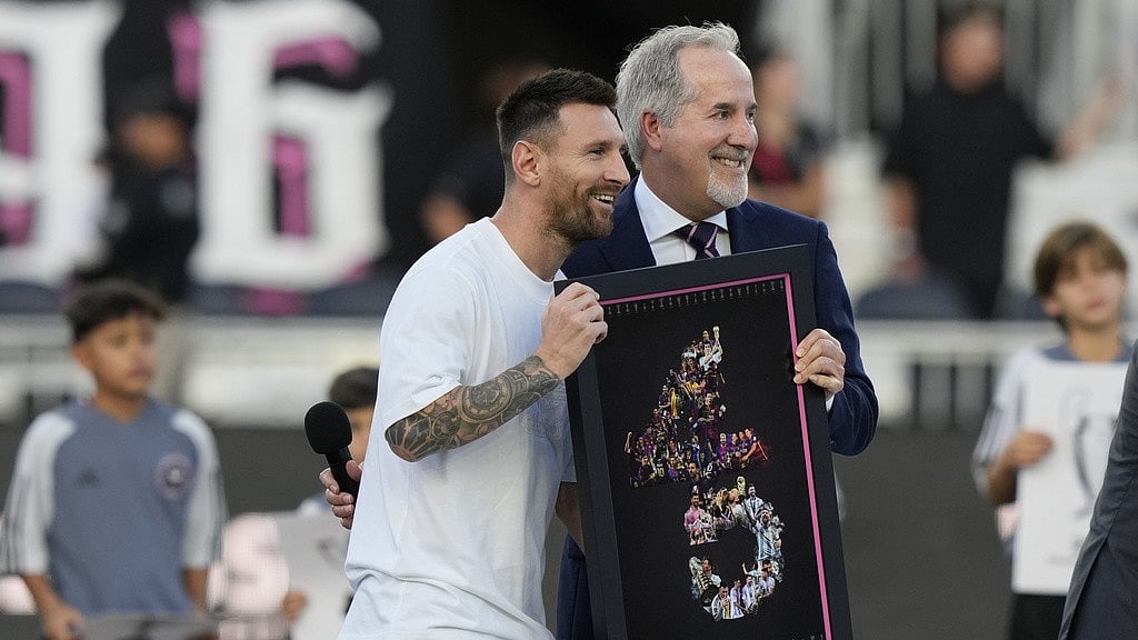 Photo: AP : Lionel Messi (left) is honoured for his 45-career trophies ahead of the Inter Miami vs Chicago Fire, Major League Soccer match in Fort Lauderdale, Florida on Sunday.