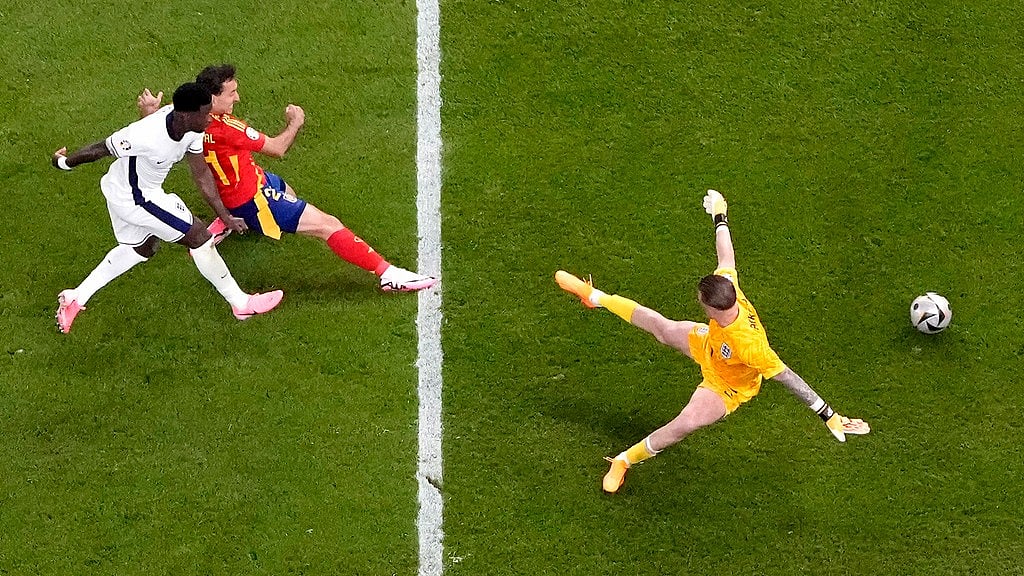 Top view of Mikel Oyarzabal scoring the winning goal for Spain against England in the Euro 2024 final in Berlin on Monday (July 15, 2024). - AP