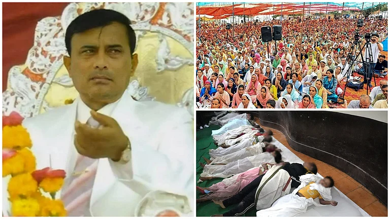Clips before the stampede showed people in a large ‘shamiana’, listening to 'Bhole Baba; as he sat before them on a throne-like chair |
 - X and PTI