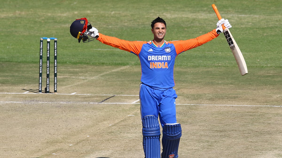 Abhishek Sharma celebrates Sunday's T20I century for India. - null