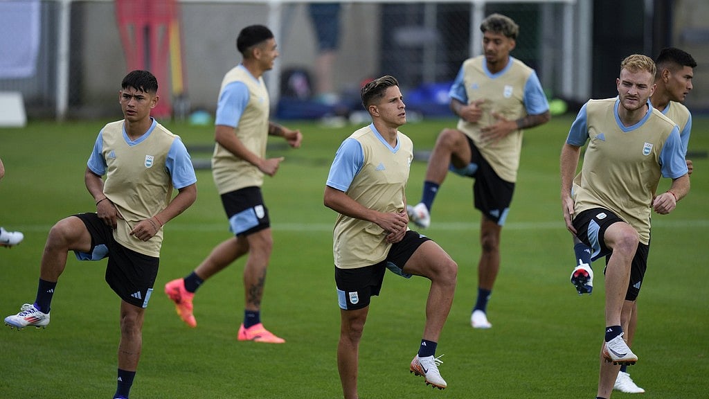 AP : Ecuador Vs Argentina, CONMEBOL FIFA World Cup 2026 Qualifiers: Argentina players train at Salif Keita Stadium in France ahead of Paris Olympic Games 2024.  