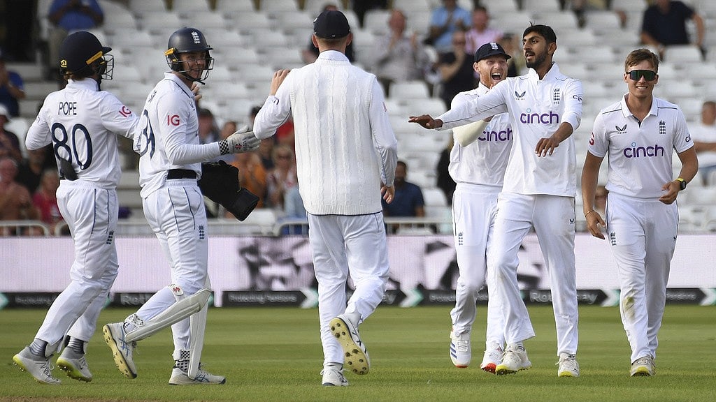 AP : Shoaib Bashir (second from right) celebrates a wicket with teammates during the England vs West Indies, 2nd Test in Trent Bridge on Sunday (July 21, 2024).