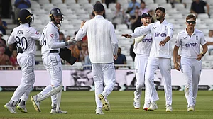 AP : Shoaib Bashir (second from right) celebrates a wicket with teammates during the England vs West Indies, 2nd Test in Trent Bridge on Sunday (July 21, 2024).